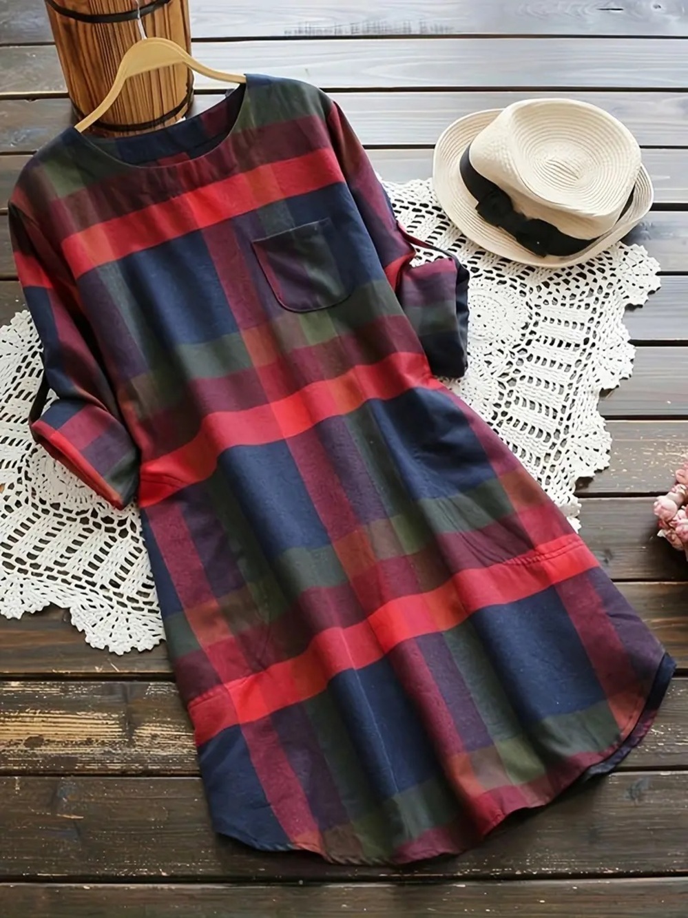 Plaid Tunic Top 2X Red Navy Green Shirt Dress Roll Tab Sleeve